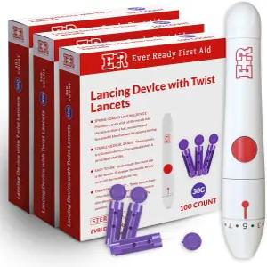 혈당 검사를 위한 30 게이지 트위스트 랜싯 100개가 포함된 에버 레디 응급처치 랜싱 장치 - 3팩