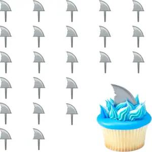 데코팩 상어 지느러미 케이크 추천 24팩 컵케이크 토퍼 및 기타 케이크를 위한 재사용 가능한 장식 비치