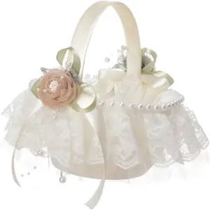 결혼식 파티를 위한 진주와 레이스가 달린 플라워 걸 바구니 3.5X7X3.5인치의 우아한 핸드헬드 플로럴