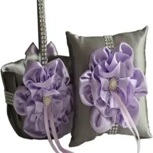 알렉스 감성 빅 플라워 컬렉션 링 베어러 베개 웨딩 걸 바구니 세트 회색 라이트 퍼플