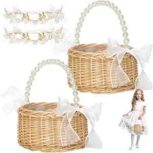 2세트 위커 플라워 걸 바구니 헤드피스 진주 손잡이가 달린 윌로우 핸드보브 및 활 요정 꽃 웨딩 헤어