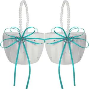 웨딩 플라워 걸 바구니 2개 귀여운 진주 손잡이 보크노트가 있는 더블 하트 보관 파란색