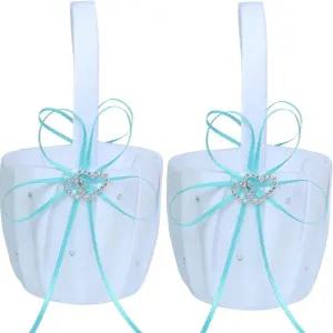 2PC 웨딩 플라워 걸 바구니 하트 버클이 달린 흰색 새틴 보관 결혼식용 리본 걸이 파란색