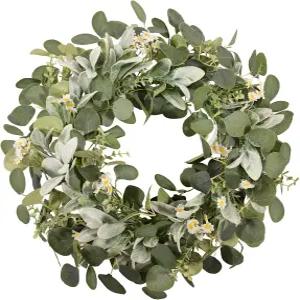 wwmira 22인치 봄 여름 화환 유칼립투스 램스 이어 현관문용 화이트 데이지 그리너리 농가 현관 벽 장식
