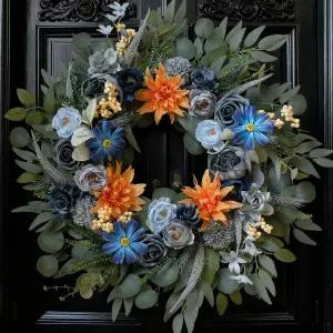 22인치 현관문용 블루 화환 모란 달리아 데이지 장미가 들어간 봄여름 일상 꽃 실내 야외 홈 데코용