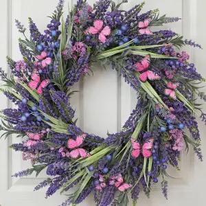 현관문용 라벤더 화환 24인치 봄여름 베리 나비 일 년 내내 실내외에서 벽 문 창문 파티 및 결혼식