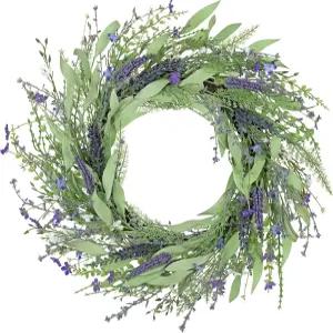 현관문용 24인치 봄 화환 혼합 라벤더 유칼립투스 인조 여름 홈 데코 웨딩 농가 맨틀 창문 장식