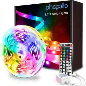 포폴로 LED 스트립 조명 색상 변경 16.4피트 유연한 5050 RGB 키트전원 공급 장치 및 44개의 키 리모컨