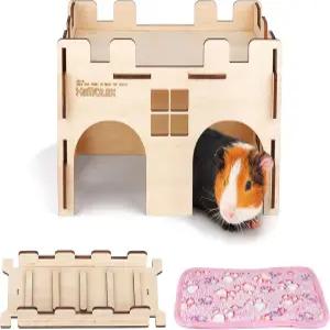 기니피그 친칠라 고슴도치 저빌 햄스터 쥐집 서식지를 위한 경사로와 푹신한 침구 나무 성이 있는 튼튼한
