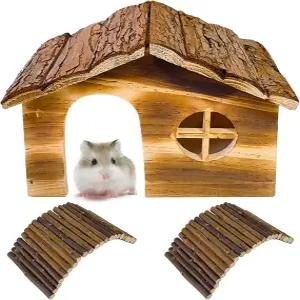 햄스터 은신처 나무 집과 창문 서식지 장식이 있는 다리는 쥐 저빌 쥐가 숨는 모습을 보여줍니다