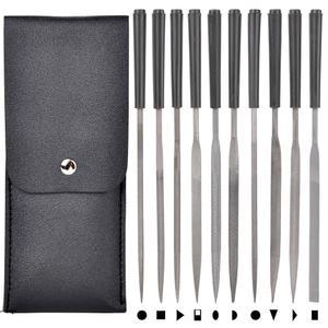 목재 및 플라스틱 조각에 대한 고정밀 샌딩 작업을 위해 합성 가죽 케이스에 포장된 XAQISHIRE 10pcs 미니 스틸 바늘 파일