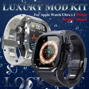 호환   워치용 럭셔리 스테인리스 스틸 케이스 개조 키트 고무 밴드 iWatch 시리즈 9 8 7 6 5 SE 울트라 2