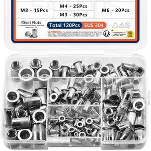 304 스테인리스 스틸 플랫 헤드 리벳 너트 모음 키트 M3 M4 M5 M6 M8 M10 M12 나사형 인서트 120개/50개