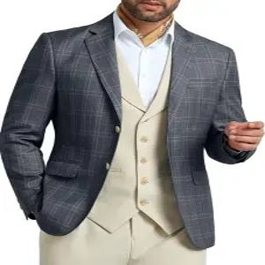 남성 블 슬림 핏 스트라이프 격자무늬 캐주얼 정장 재킷 남성용 투 버튼 비즈니스 라펠 스포츠 코트
