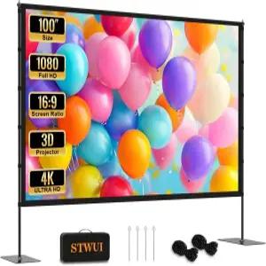 스탠드가 있는 STWUI 프로젝터 화면 100인치 야외 휴대용 16 9 4K HD 영화 캐리백이 경우 Enioy 홈 시어터