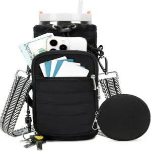 스트랩이 달린 YIQUN 물병 캐리어 가방 걷기 하이킹 자전거 타기 검은색 40온스용 슬링백