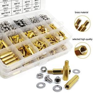 1키트 M2 M2.5 M3 M4 솔리드 브래스 구리 육각 기둥 스페이서 컬럼 스탠드 오프 나사 너트 와셔 세트 박스