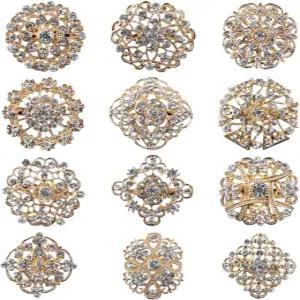 결혼 부케 파티 장식 브로치 세트용 라인스톤 크리스탈 플라워 핀이 있는 여성용 금 또는 은 및 핀 세트