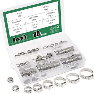Keadic 80Pcs 1/4 15/16 304 스테인리스 스틸 싱글 이어 호스 클램프 클립 다양한 플라스틱 튜브 사용을