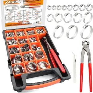 360Pcs 16 사이즈 304 스테인리스 스틸 스텝리스 싱글 이어 호스 클램프 모음 키트 5.336.1mm 조절 가능