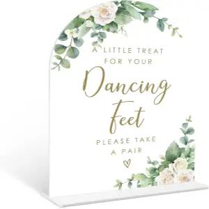 유칼립투스 로즈 댄싱 피트 사인 홀더가 있는 6 x 8 인치 화이트 아치 아크릴 웨딩 예식 및 피로연을 위한