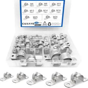 CUKAYO 142개 파이프 스트랩 클램프 모음 키트 304 스테인리스 스틸 2홀 리지드 U 브레이크 튜브