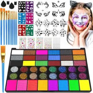 멀비니 42 컬러 페이스 페인팅 키트 무독성 워터 활성화 팔레트 브러시 스텐실 보석이 포함된 페이스페인팅