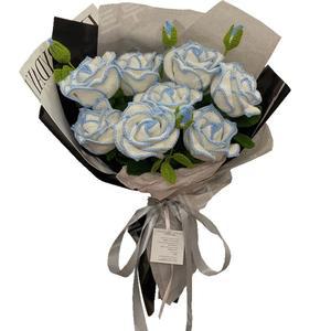 니트꽃 꽃뜨기 뜨개질 한송이 파우치 장미 발표회꽃다발 패키지 프레시 꽃다발 코바늘 세트 니트 다발 손뜨개 블루 뜨개꽃다발