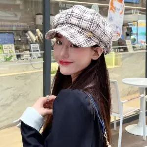 여헝 고급스러운 체크 무늬 하트 포인트 뉴스보이캡 마도로스캡 여자모자 체크무늬모자 팔각모자