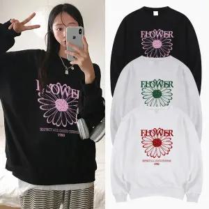 플라워라인 기모 맨투맨 긴팔 BOX 여성 오버핏 티셔츠 (5컬러) 박시핏 빅사이즈