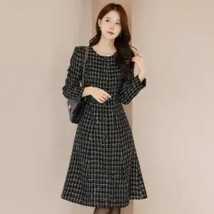 XXL까지) 세이민 블랙 트위드 플레어 원피스 겨울 하객룩 오피스룩 모임룩 격식룩 연말룩 빅사이즈