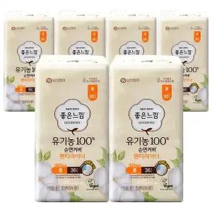 좋은느낌 유기농 100% 순면커버 팬티라이너 롱 36개입 6팩