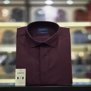 [예작] 와인색  스판 카라ㆍ소매 자수 스냅버튼 슬림핏셔츠