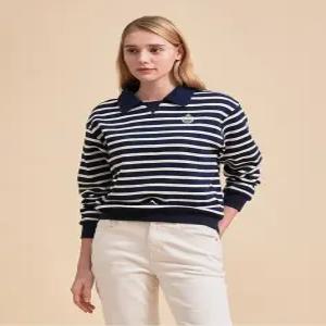 헤지스 여성 24FW [클리어런스] 네이비 스트라이프 긴소매 카라 티셔츠 WSTS4D805N2