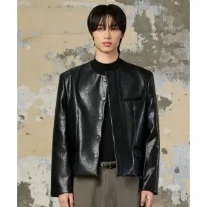 HYOJI 25 FW 노카라 크롭 자켓_레더 블랙 187108