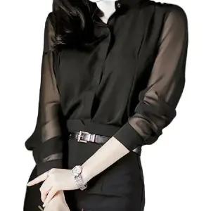 여성시스루블라우스 트렌디한 하객룩 셔링 셔츠 긴팔 남방 블랙 쉬폰 망사 블라우스