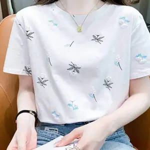 꽃잎 WJ74ON65 푸른 봄 여성 입체꽃 반팔티셔츠 여름 여유핏