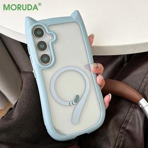 귀여운 고양이 귀 모양 맥세이프 케이스 삼성 갤럭시 S26 울트라 S25 무선 S23 충전 쉘 투명 S24 마그네틱 커버 플러스