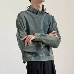 남성자켓 트렌디 아이템 데님 청 빈티지 라이더 워싱 버클 칼라 하이넥 캐주얼 패치 코트 힛템