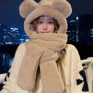 곰돌이 귀 장식 후드 일체형 목도리 모자 겨울 넥워머 보온 방한 소프트 소재