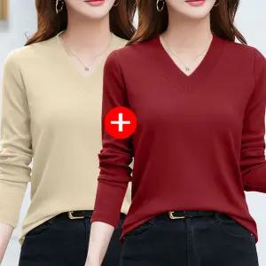 1+1 여성 가을 플리스 보온 모달 긴팔티 빅사이즈 2P 브이넥 캐주얼 골지 티셔츠