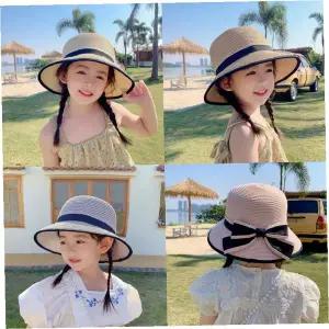 여름 밀짚 버킷햇 리본 장식 챙 넓은 햇빛 차단 모자 야외 활동 해변 나들이