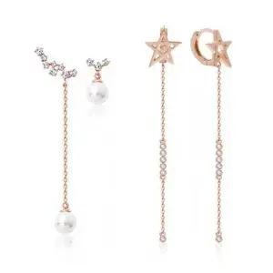 14K 797LUK54 로즈골드 별 진주 체인 롱 드롭 귀걸이