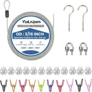 휴대용 빨랫줄 조절 가능한 12피트 PVC 코팅 강철 와이어 로프 12개의 클립 접이식 여행용 세탁 라인으로