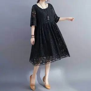 여성 여름 레이스 5부 소매 루즈핏 원피스 QwK9+1KyL