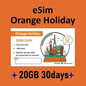 오렌지 홀리데이 유럽 선불 eSIM 20GB 인터넷 데이터 30일 사용 테더링 허용 유럽에서 전 세계 모든 국가로