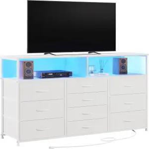 2개의 개방형 수납 선반이 있는 유니언 55W 10 서랍장 전원 콘센트와 LED 조명이 55 65인치 TV 을 위한