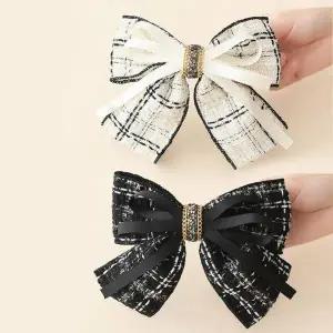 [골드스마일]여성용 트위드 패턴 더블 리본 장식 자동 헤어핀 간결한 가을 겨울