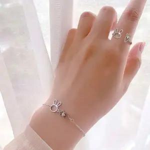 토끼 디자인 실버 팔찌 반지 큐빅 장식 레이어드 은장식 귀여운