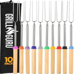 그릴 구루 불 구덩이용 스모어 스틱 - 캠프파이어 마시멜로 로스팅 키트 야외용 꼬치 핫도그 포크 캠핑